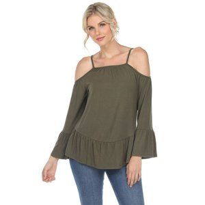 Women's Cold Shoulder Ruflled Bell Sleeves Multi Sizes Tunic Top Olive